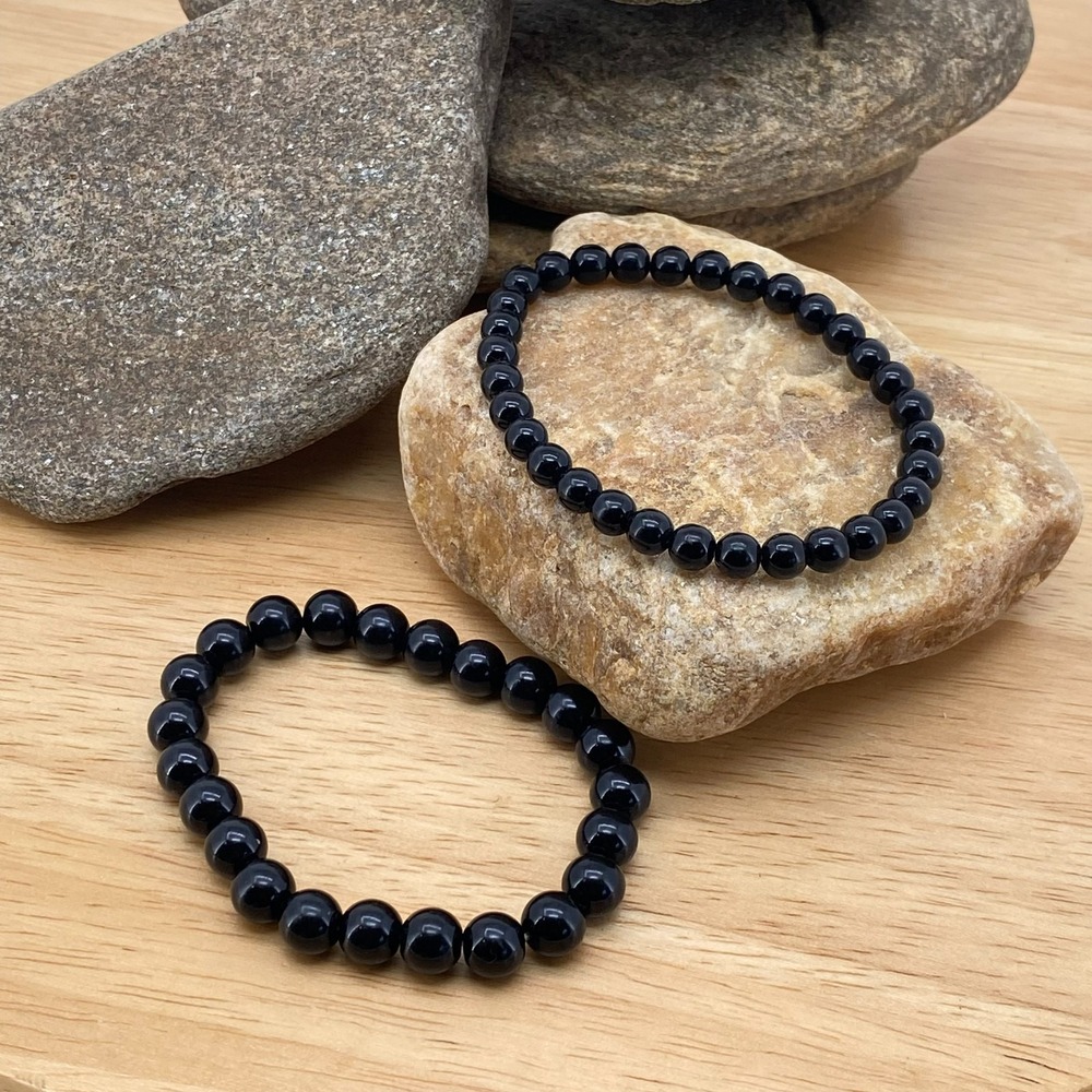 Black Beaded Stretch Cord Bracelet Set of 2 Natural Stone Round Bead Adjustable